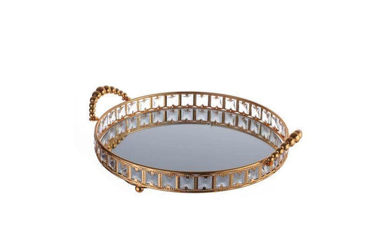 Plateau miroir diamants rond doré L